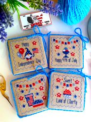Set of 4 Sweet Patriotic Ornaments by CrossStitchingForFun Instant download, The 4th of July cross stitch pattern PDF