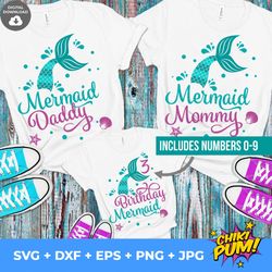 Mermaid Birthday Family Bundle svg, Mermaid Tail svg, Mermaid Girl svg, Mermaid Party Tshirt (include numbers)