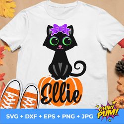 Cute Black Cat Svg, Halloween Girl SVG  Girl Cat with Bow Svg, Girls Monogram Svg, Kids Cut Files, Silhouette Cricut, Bl