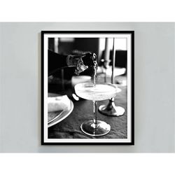 Champagne Poster, Black And White, Bar Cart Print, Cocktail Wall Art, Vintage Bar Decor, Champagne Print, Digital Downlo