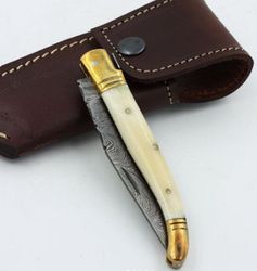 Hand Forged Damascus Folding Knife , Custom Made Damascus Steel Pocket Knife