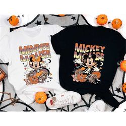 Retro Floral Mickey and Minnie Halloween Shirt, Mickey Minnie Skeleton Shirt, Disney Couple Halloween Shirt, Disney Fami