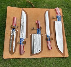 kitchen chef knives set, handmade D2 tool steel hand forged personalized kitchen chef knives set with leather roll kit
