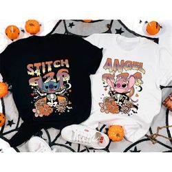 Vintage Floral Stitch and Angel Halloween Shirts, Floral Disney Stitch Halloween Shirt, Stitch and Lilo Halloween Shirt,