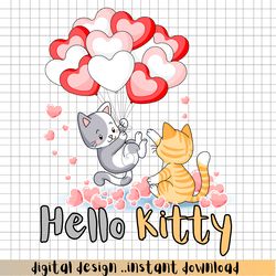 Hello Kitty Png,Cute Kittens Playing Together with Heart Air Balloons Png.