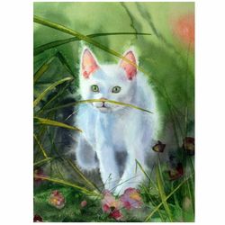 White Kitten original watercolor painting  White Cat 9x13 in