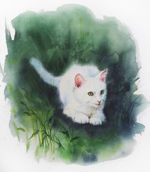 White kitten sitting in the grass - White Cat - original watercolor kitten
