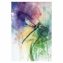 Dragonfly on Blade of Grass abstract painting watercolor