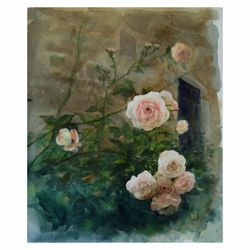 Roses and Stones - watercolor roses original watercolor
