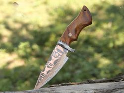 HANDMADE COPPER DAMASCUS Knife, Copper Bobcat Hunting Knife, Full Tang, Exotic Rose Wood Handle, Best Anniversary Gift,