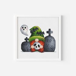 Spooky Halloween Gnome Cross Stitch Pattern with Bats and Skulls, Halloween Decor, Do It Yourself, Day of the Dead