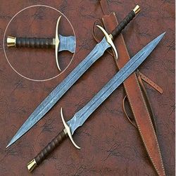 31'' Custom Handmade Damascus Steel Needle Point Viking Sword with Brass & Wood Handle Survival Sword Birthday for him,