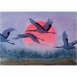 Flock of Japanese Red Crowned Cranes flying at sunrise -  original watercolor