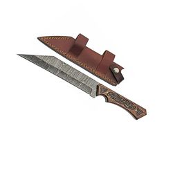 full tang celtic handle damascus steel reverse tanto seax knife with leather sheath, brown