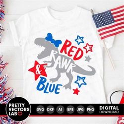 4th of July Svg, Patriotic Dinosaur Svg, Girls USA T-Rex Cut Files, Red Rawr and Blue Svg, Dxf, Eps, Png, Funny Dino Svg
