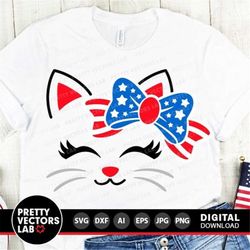 Patriotic Cat Svg, 4th of July Cut Files, Girl Cat Svg, Kitten Face with Bow Svg, Dxf, Eps, Png, USA Clipart, America Sv