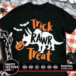 Trick Rawr Treat Svg, Halloween Dinosaur Svg, Triceratops Svg, Kids Cut Files, Funny Dino with Pumpkin Svg, Dxf, Eps, Pn