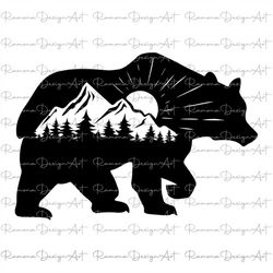 bear svg file, bear in the woods, bear mountain svg, mountains svg, sun svg, camping svg, pine trees, deer svg buck viny