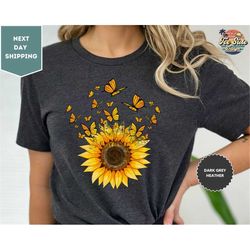 Sunflower Butterfly Shirt, Butterfly Tee,  Sunflower Shirt, Flowers Gift T-shirt, Botanical Tee