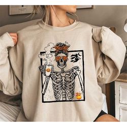 Skeleton Drinking Coffee Sweatshirt and Hoodie, Skeletons Halloween Shirt, Funny Halloween Shirt, Spooky Funny Shirt, Vi