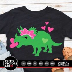 Girl Dinosaur Svg, Cute Triceratops with Bow Svg, Girls Valentine Dino Cut Files, Kids Svg, Dxf, Eps, Png, Birthday Svg,