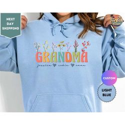 Grandma Hoodie With Grandkids Names, Personalized Grandma Wildflowers Hoodie, Mother's Day Gift