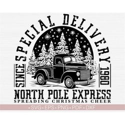 North Pole Express Svg Png, Vintage Christmas Svg Shirt Design, Christmas Truck, Train Svg, Holiday Express Svg Reindeer
