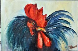 Rooster owner of the chicken coop,  Oil painting.