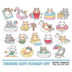 Cute cat clipart set Summer cats Beach Pool party digital clipart Funny cat Kawaii printable stickers Planner supplies V