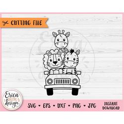Lion, Zebra and Giraffe on Safari Jeep Outline SVG cut file for Cricut Silhouette Jungle Jeep Safari Car Funny Baby Anim