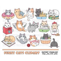 Funny cats clipart Cute cat clip art Kawaii kitten Kitty icons Pet illustrations Printable stickers Planner supplies Vec