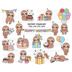 Birthday sloths clipart Funny birthday party sloth images Kawaii animal illustration Printable stickers Planner supplies