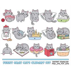 Gray cats Clipart Bundle Funny cute cat clip arts Kawaii kitten Kitty icons Pet illustrations Printable stickers Planner