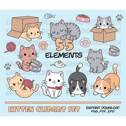 Cats clipart Cute cat clip art Kawaii kittens Kitty icons Pet illustrations Cat printable stickers Planner supplies Vect
