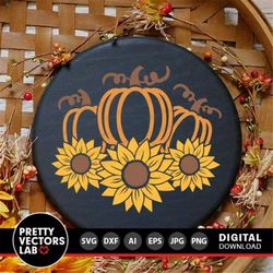 Pumpkins Svg, Sunflowers Svg, Fall Sign Cut Files, Farmhouse Svg, Thanksgiving Svg, Dxf, Eps, Png, Autumn Round Sign Svg