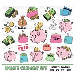 Saving money tracker clipart Financial clip art Piggy bank Payday Dollars Budget icons Printable stickers Planner suppli