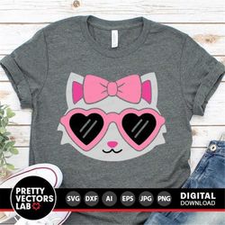 Cat Face with Bow Svg, Cute Cat with Sunglasses Svg, Girls Svg, Dxf, Eps, Png, Funny Kitten Cut Files, Baby Girl Clipart