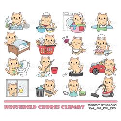 Household Chores clipart Funny cats clipart Kawaii cute kitty icons Cleaning Laundry Trash Dishes Printable stickers Pla