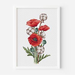 Poppy Cross Stitch Pattern PDF Instant Download, Cotton Counted Cross Stitch Pattern, Flower Cross Stitch, Spring Bloom