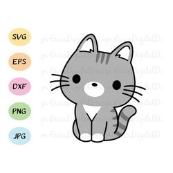 Cat SVG Cute Grey cat cut file Kawaii cat cutting file Kitty vector Funny animal Pet Silhouette Cameo Cricut Vinyl Baby
