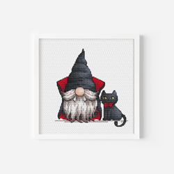 Scary Halloween Gnome Cross Stitch Pattern Vampire and Black Cat Vampire Teeth Halloween Decorations Instant Download
