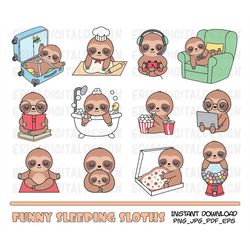Funny sloths clipart Cute sleeping sloth images Kawaii animals icons Pet illustration Printable stickers Planner supplie
