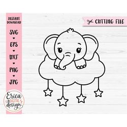 Baby Elephant SVG Elephant on Cloud Outline cut file Baby Shower Boy Girl Bodysuit Nursery Newborn Silhouette Cricut Vin