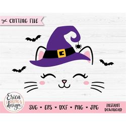 Halloween cat face svg cut file Witch cat head Cute cat with witch hat Fall Halloween shirt Kids Silhouette Cricut Vinyl