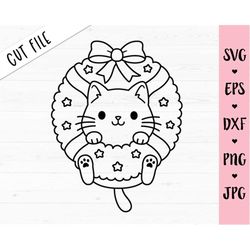 christmas cat svg christmas wreath outline cut file cute funny kitty kids holidays shirt silhouette cricut vinyl decal w