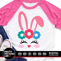 bunny svg, easter cut files, bunny face svg, dxf, eps, png, girls shirt design, baby girl clipart, spring svg, rabbit sv