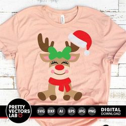 Christmas Svg, Girl Reindeer Svg, Reindeer with Santa Hat Svg, Dxf, Eps, Png, Holidays Clipart, Kids Cut File, Winter Sv