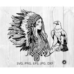 Indian Headdress Svg File, Native american indians girls tattoo,Clip art,Cricut,Silhouette DXF,EPS,Indian woman eagle ha