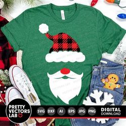 Santa Face Svg, Christmas Svg, Buffalo Plaid Santa Hat Cut Files, Funny Santa Svg Dxf Eps Png, Kids Shirt Design, Winter