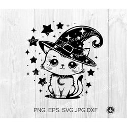 Halloween cat svg cut file Witch cat svg png,Cute cat with witch hat Autumn Children Halloween shirt Silhouette Cricut V